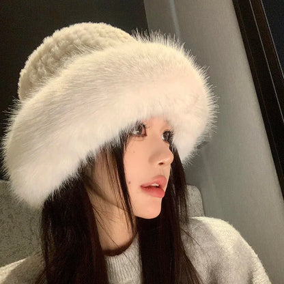 Classical Black White Fluffy Fur Women Bucket Hat  Mongolian Cap  Cold-proof Furry Basin Caps
