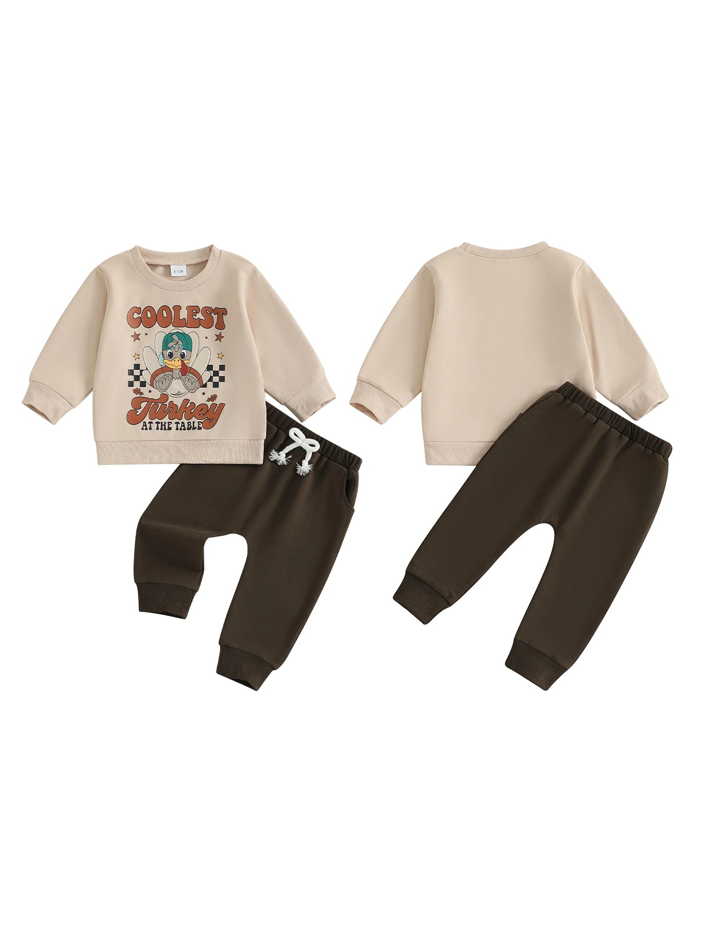 Baby Boy Thanksgiving Outfits Turkey Print Long Sleeve Round Neck Pullover Elastic Waist Solid Pants 2 Pcs Set for Fall
