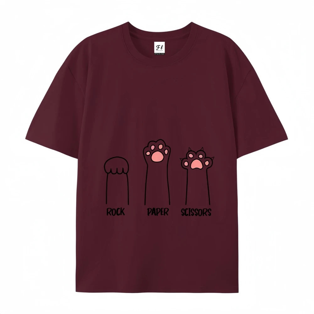 Rock Paper Scissors T-Shirt Casual Crewneck Tops Summer Cotton Loose  FunnyCat Print Clothes Women Fashion Oversize
