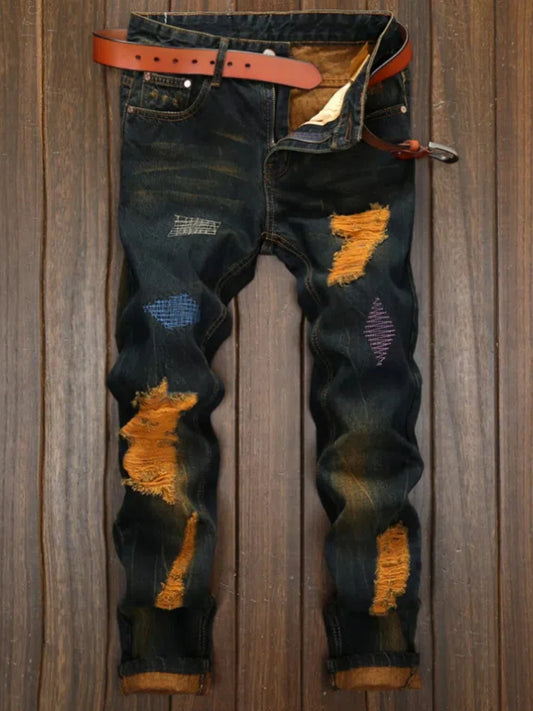 Men's Straight Fit Ripped Old Jeans With Patch Pants