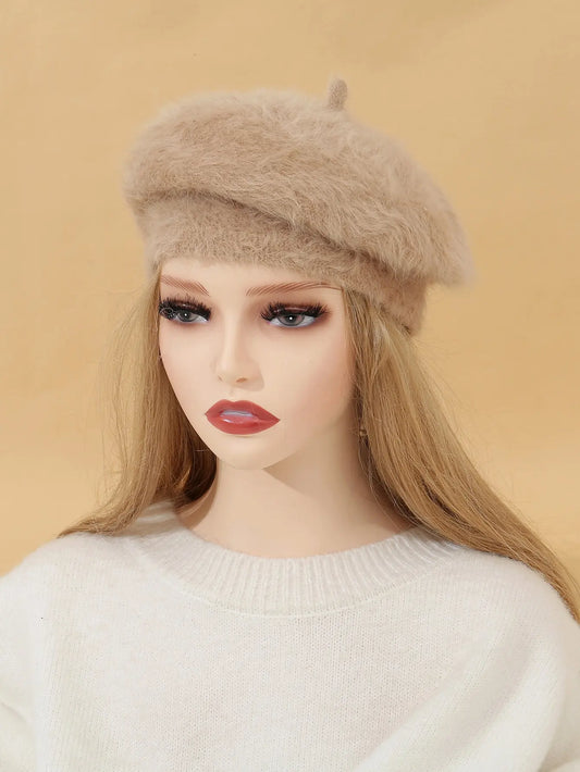 1pc Fashionable Classic Warm Solid Color Rabbit Fur Beret Winter Fall