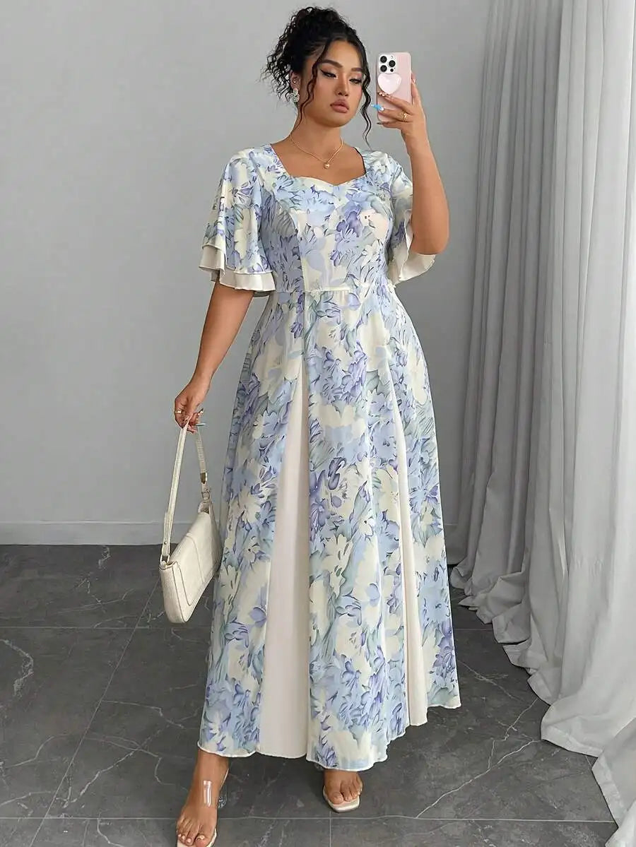 Plus Size Floral Print Square Neck Flutter Sleeve A-Line Midi Dress