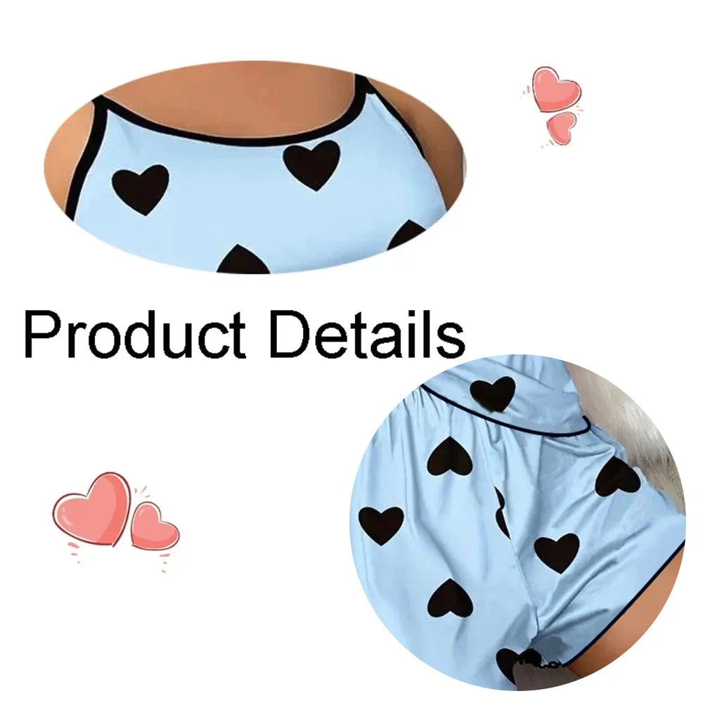 Ice Silk Pajamas for Women, Cute Heart Print Short Sleeve Sleepwear Set, Cool & Breathable for Hot Summer Nights