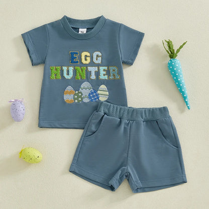 Summer Kids Boys Easter Shorts Set Short Sleeve Embroidery Letters Eggs T-shirt with Shorts Clothes Outfit