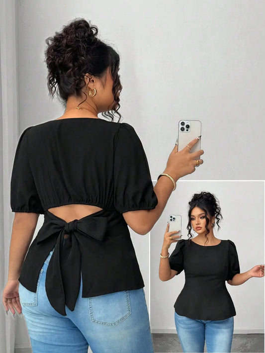 Black Bow Tie Open Back Blouse, Short Sleeve Casual Top for Summer