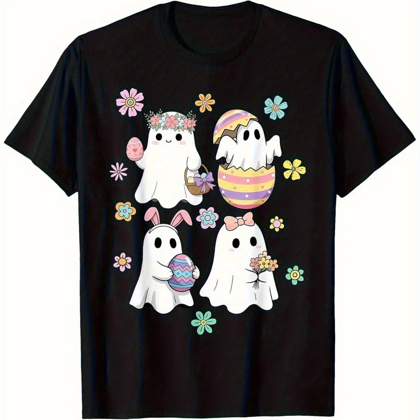 Cute Easter Ghost Bunny Egg Print Graphic Tee Soft Short Sleeve  Summer