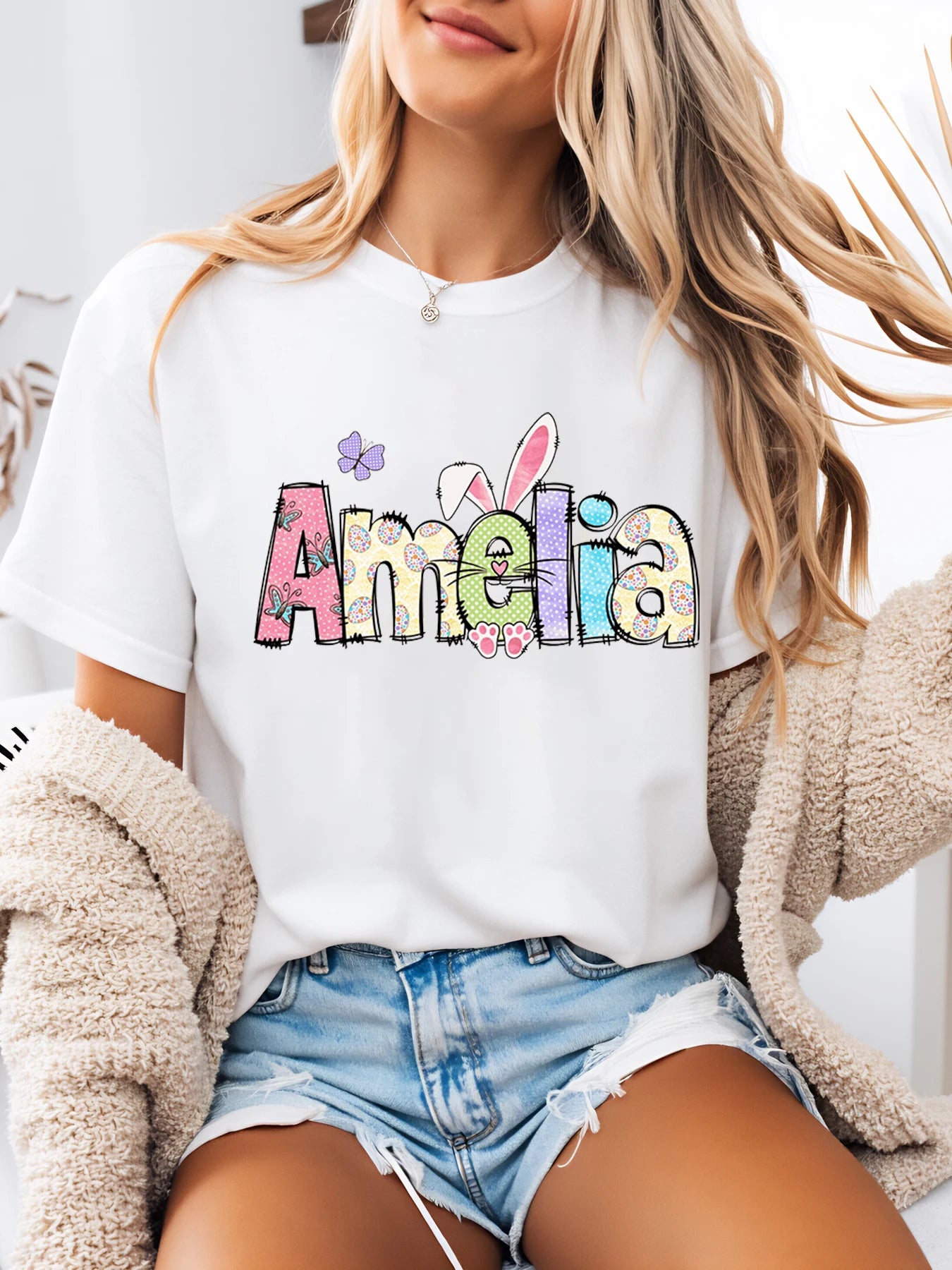 Easter Bunny Print Amelia Name t Shirt Easter Women Casual Outfit White Plus-Size