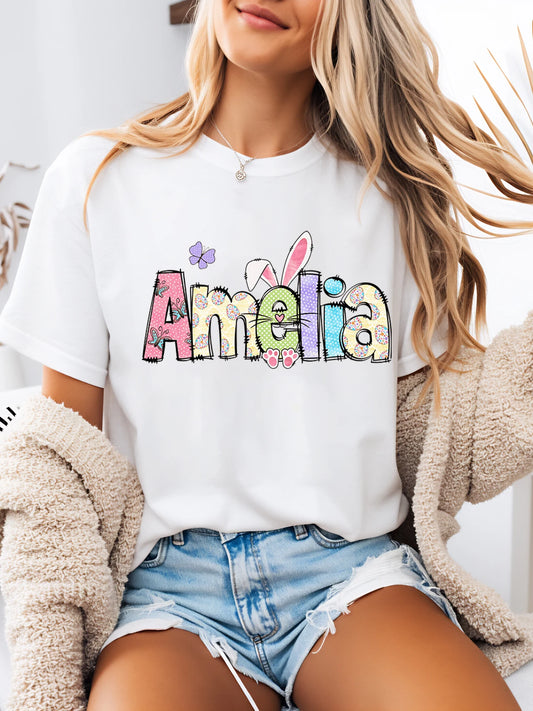 Easter Bunny Print Amelia Name t Shirt Easter Women Casual Outfit White Plus-Size