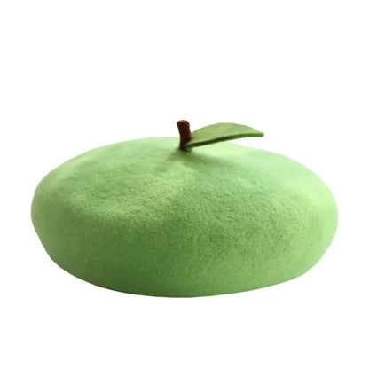 Lady Fresh Cute Fruit Flat Painter Wool Felt Orange Apple Lemon Pink Gift Green Leaf Kids Handmade Warm Berets Caps