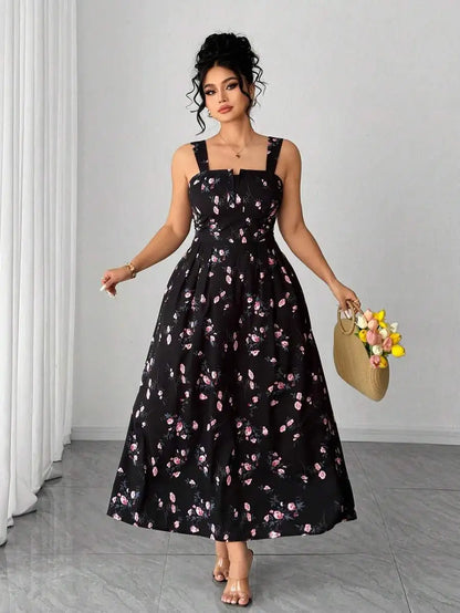 Plus Size Women's Floral Print Spaghetti Strap A-Line Midi Dress