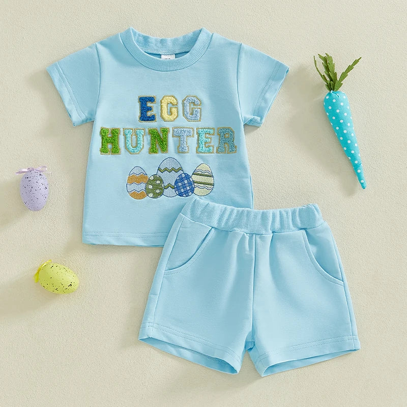 Summer Kids Boys Easter Shorts Set Short Sleeve Embroidery Letters Eggs T-shirt with Shorts Clothes Outfit
