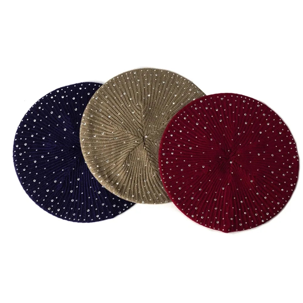 Handmade Women Rhinestone Beret Knitted Stripe Solid Hat Female Ladies Warm Flexible Berets Girls Lady Casual Bonnet