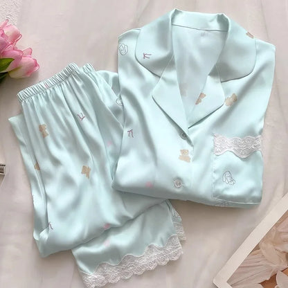 Bear Print Pajamas Women Cool Ice Silk Short Sleeve Pants Loungewear Cardigan Lace Fall and Winter Two-Piece Set Plus Size