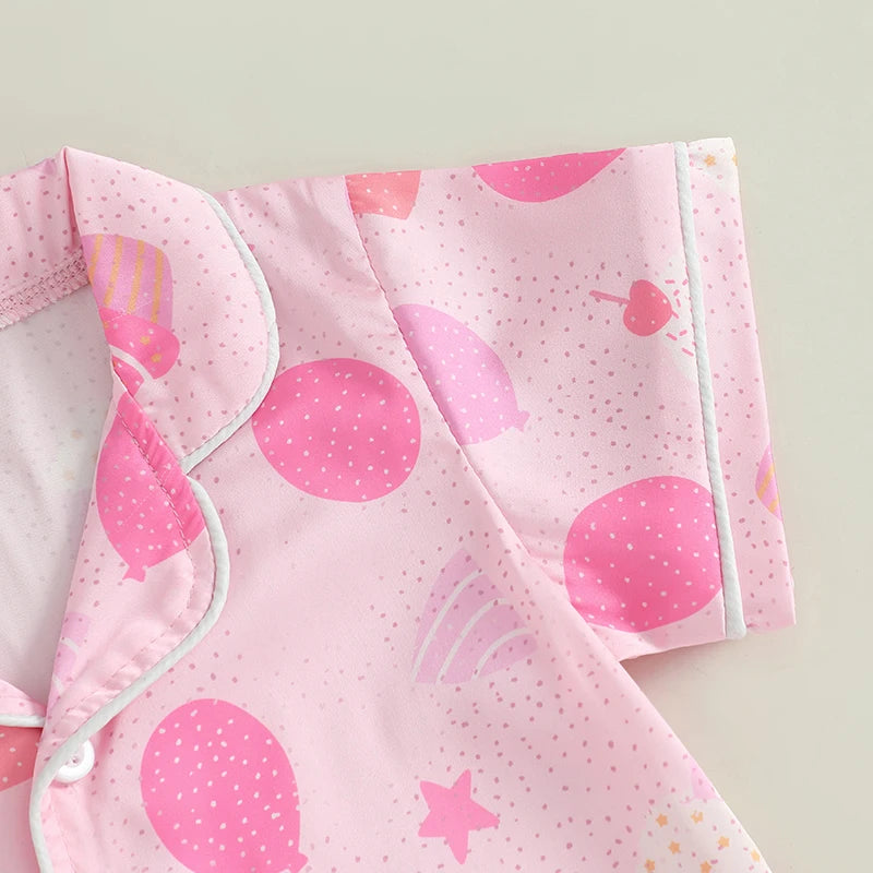 Children s Girls Pajama Set with Fun Cake and Balloon Print Short Sleeve Shirt Top and Shorts 2-Piece Lounge Suit for
