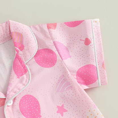 Children s Girls Pajama Set with Fun Cake and Balloon Print Short Sleeve Shirt Top and Shorts 2-Piece Lounge Suit for