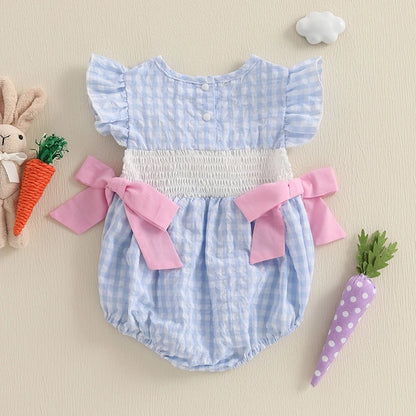 Baby Girls Rompers Easter Clothes Rabbit Embroidery Plaid Fly Sleeve Summer Bodysuits Jumpsuits