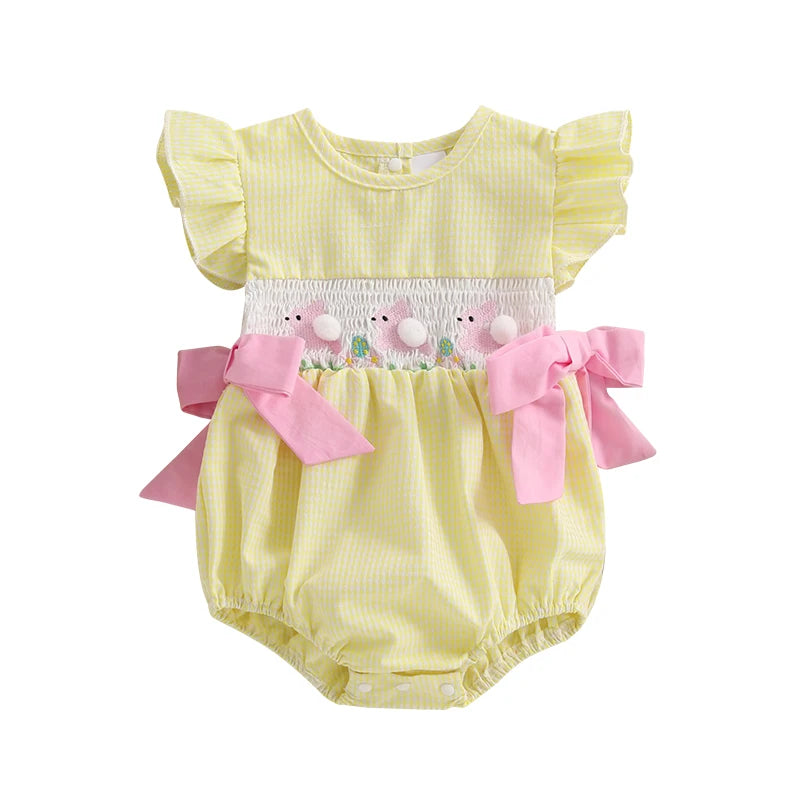 Baby Girls Rompers Easter Clothes Rabbit Embroidery Plaid Fly Sleeve Summer Bodysuits Jumpsuits
