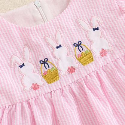 Toddler Baby Girl Summer Dress Ruffle Sleeveless Round Neck Bunny Embroidery Loose Vacation Dress