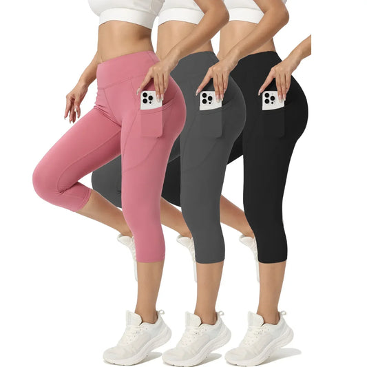 3pcs Women's Long Sports Leggings, High-Waist Sports Trousers With Mobile Phone Pocket,