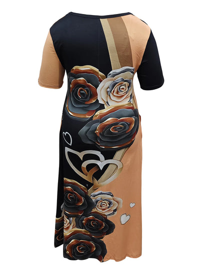 Plus - Size Color - Block Rose Dress! Black & Brown Patchwork, Flattering & Stylish
