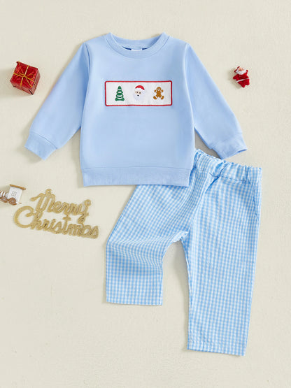 Infant Boys Winter Holiday Outfit Set with Santa Claus Embroidered Sweater and Plaid Pants - Festive Christmas Clothing for