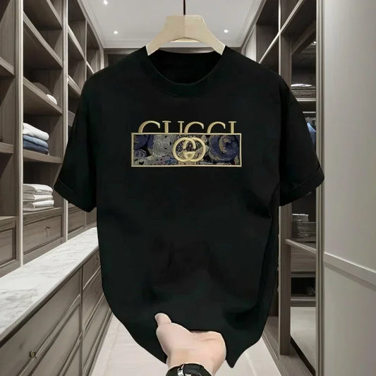 Summer 2025 New Brand Luxury Letter Pattern Printed Men's 100% Pure Cotton Short Sleeve Round Neck T-shirt