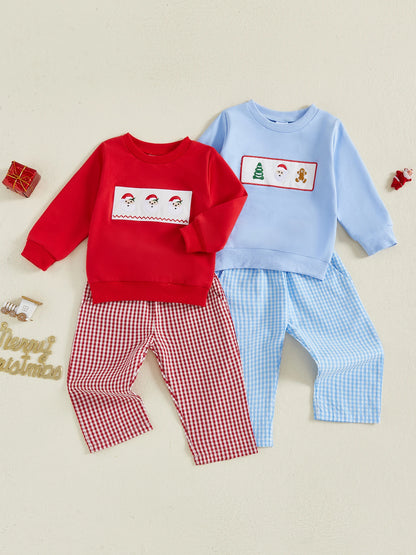 Infant Boys Winter Holiday Outfit Set with Santa Claus Embroidered Sweater and Plaid Pants - Festive Christmas Clothing for