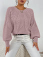 Cable Knit Lantern Sleeve Sweater for Women, Cozy Pullover with V-Neck Design