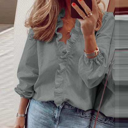 Plus Size Women Ruffled Blouse Pullover Long Sleeve