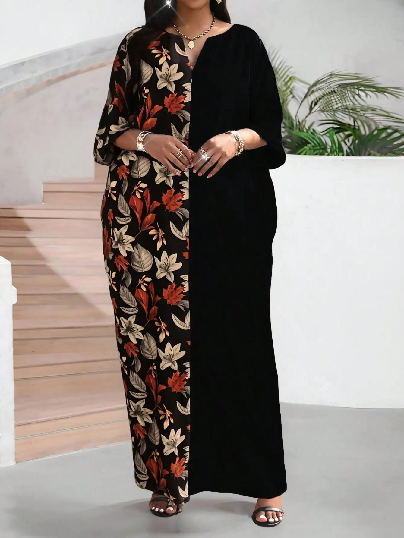 Plus Size Maxi Dress  Abstract Black & Cream Print, Loose Fit, V-Neck,  Casual Wear