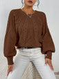 Cable Knit Lantern Sleeve Sweater for Women, Cozy Pullover with V-Neck Design