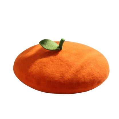 Lady Fresh Cute Fruit Flat Painter Wool Felt Orange Apple Lemon Pink Gift Green Leaf Kids Handmade Warm Berets Caps
