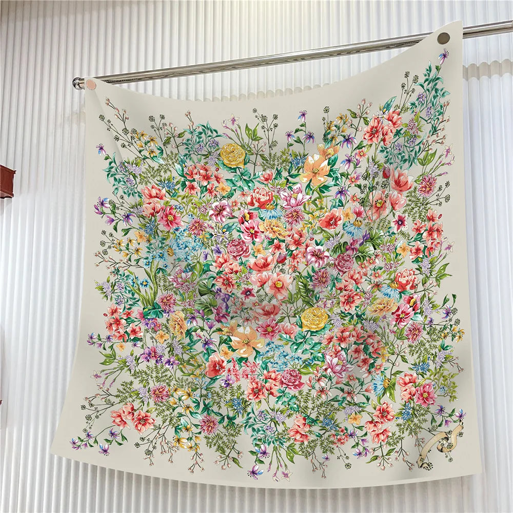 90cm Square Scarf Women Fashion Floral Twill Silk Shawl Hijab Luxury Bandana Foulard Neckerchief