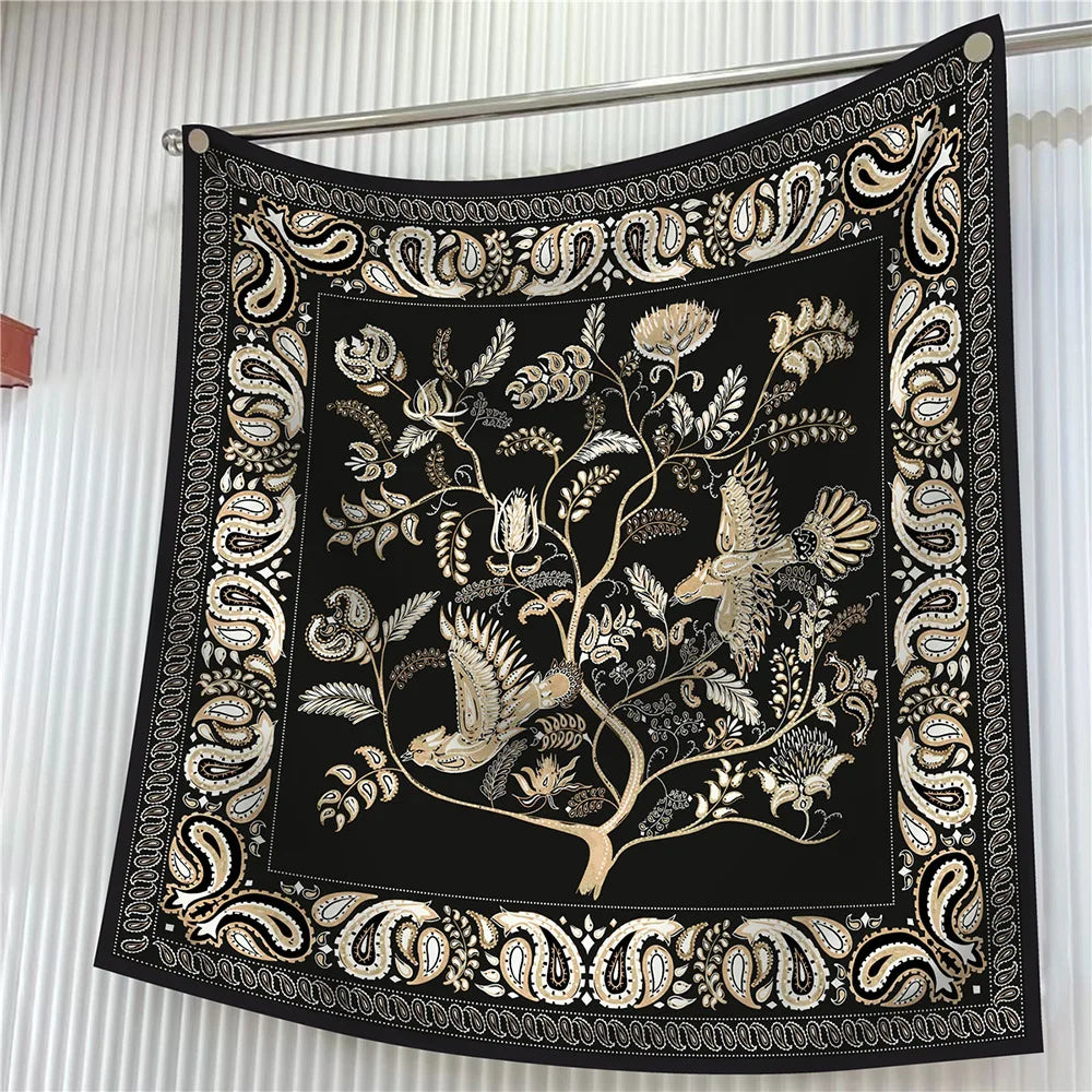 90cm Square Scarf Women Fashion Floral Twill Silk Shawl Hijab Luxury Bandana Foulard Neckerchief