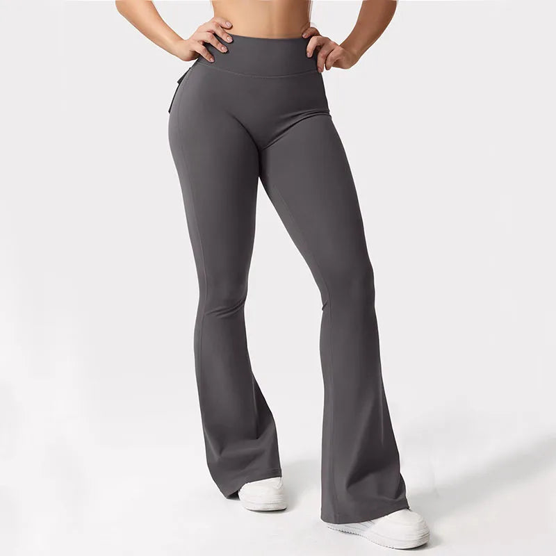 Women's Yoga Flare Trousers, High-Waisted Tummy-Control Wide-Leg s with Pockets