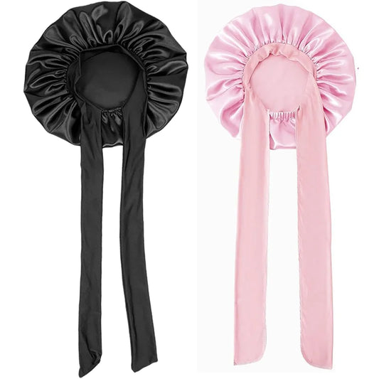 2PCS Satin Bonnets With Tie Band (Pink+Black), Sleeping Cap For Women