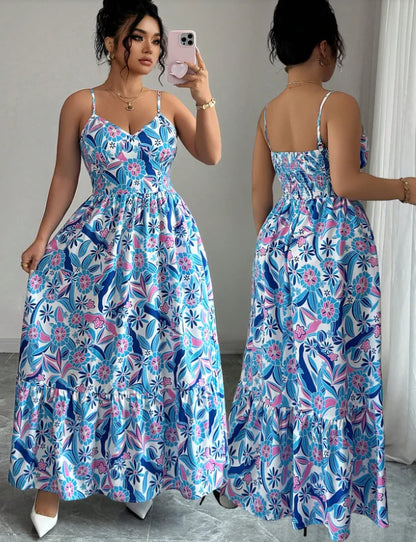 Plus size women's blue and white floral camisole dress; loose fit