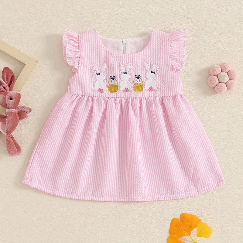 Toddler Baby Girl Summer Dress Ruffle Sleeveless Round Neck Bunny Embroidery Loose Vacation Dress