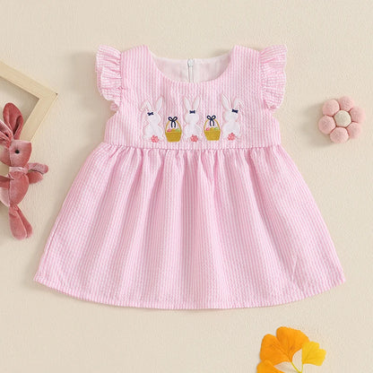 Toddler Baby Girl Summer Dress Ruffle Sleeveless Round Neck Bunny Embroidery Loose Vacation Dress
