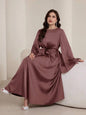 Plus Size Brown Satin Dress with Flared Sleeves and Pearl Trim