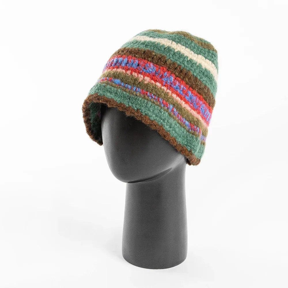 Hand Woven Hat Colorful Knitted Bucket Hat for Winter Hand Crochet Hat