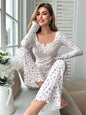 Sleepwear Women Floral Print Lettuce Trim Top with Long Pant Lovely Loungewear Full Sleeve Nightwear