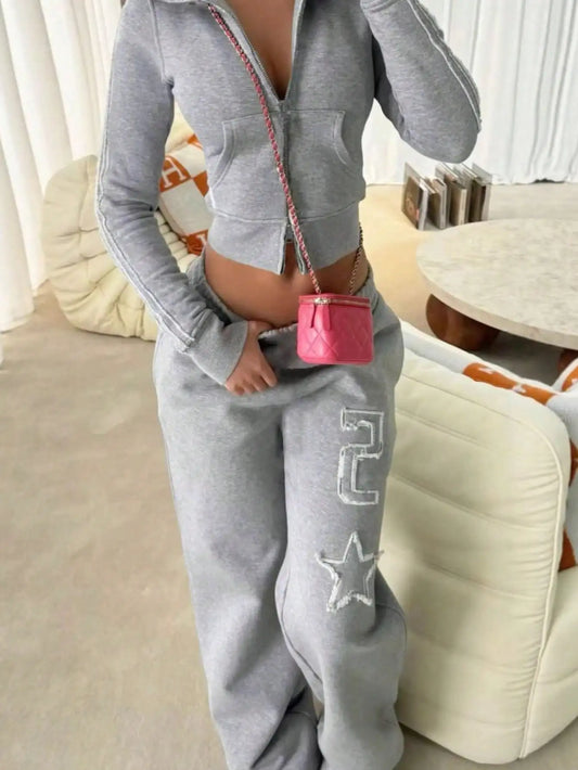 Women's Gray Zip-Up Hoodie & Sweatpants Set with Number 2 Star Print, Two-Piece Tracksuit
