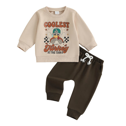 Baby Boy Thanksgiving Outfits Turkey Print Long Sleeve Round Neck Pullover Elastic Waist Solid Pants 2 Pcs Set for Fall