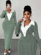 Various Colors & Houndstooth Collared Bodycon Long Sleeve Dress with Button Front