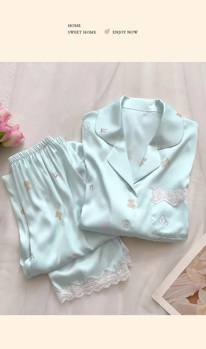 Bear Print Pajamas Women Cool Ice Silk Short Sleeve Pants Loungewear Cardigan Lace Fall and Winter Two-Piece Set Plus Size