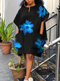 Loose and thin woven flower print, large size double pocket design bat sleeves woven dress