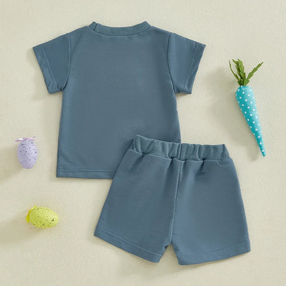 Summer Kids Boys Easter Shorts Set Short Sleeve Embroidery Letters Eggs T-shirt with Shorts Clothes Outfit