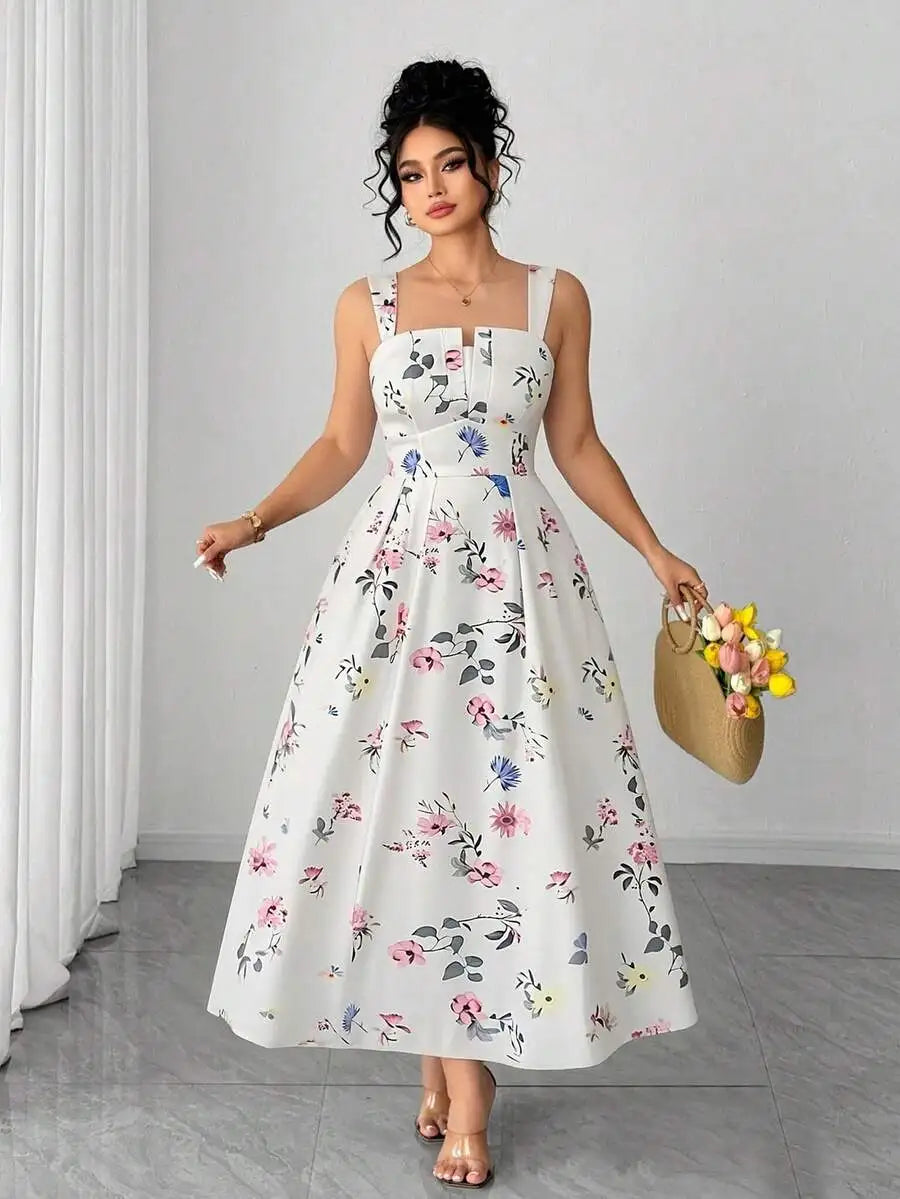 Plus Size Women's Floral Print Spaghetti Strap A-Line Midi Dress