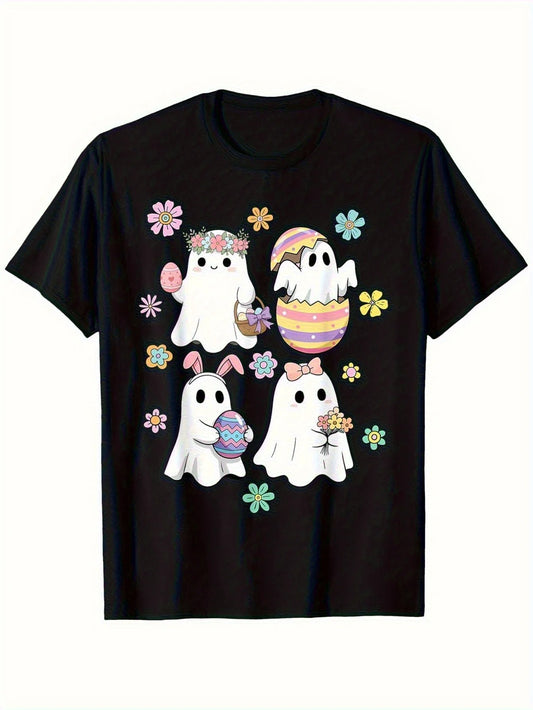 Cute Easter Ghost Bunny Egg Print Graphic Tee Soft Short Sleeve  Summer